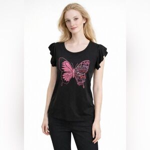 Vintage Rose Women’s Black T-shirt Size Small Ruffle Cap Sleeve Love Faith Hope